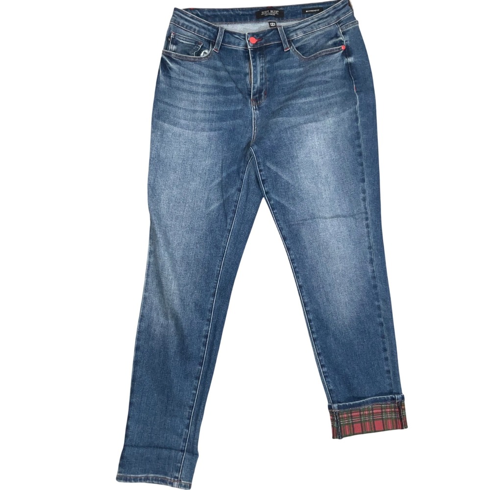 Judy Blue Jeans Womens 13/31 Blue Boyfriend Plaid Cuffs Mid-Rise JB88877
